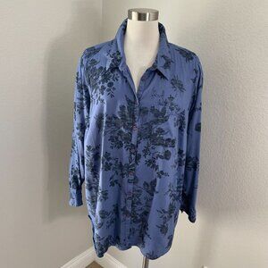 Catherines Womens Plus 2X Blue Floral Button Up Shirt Long Sleeve Blouse Top